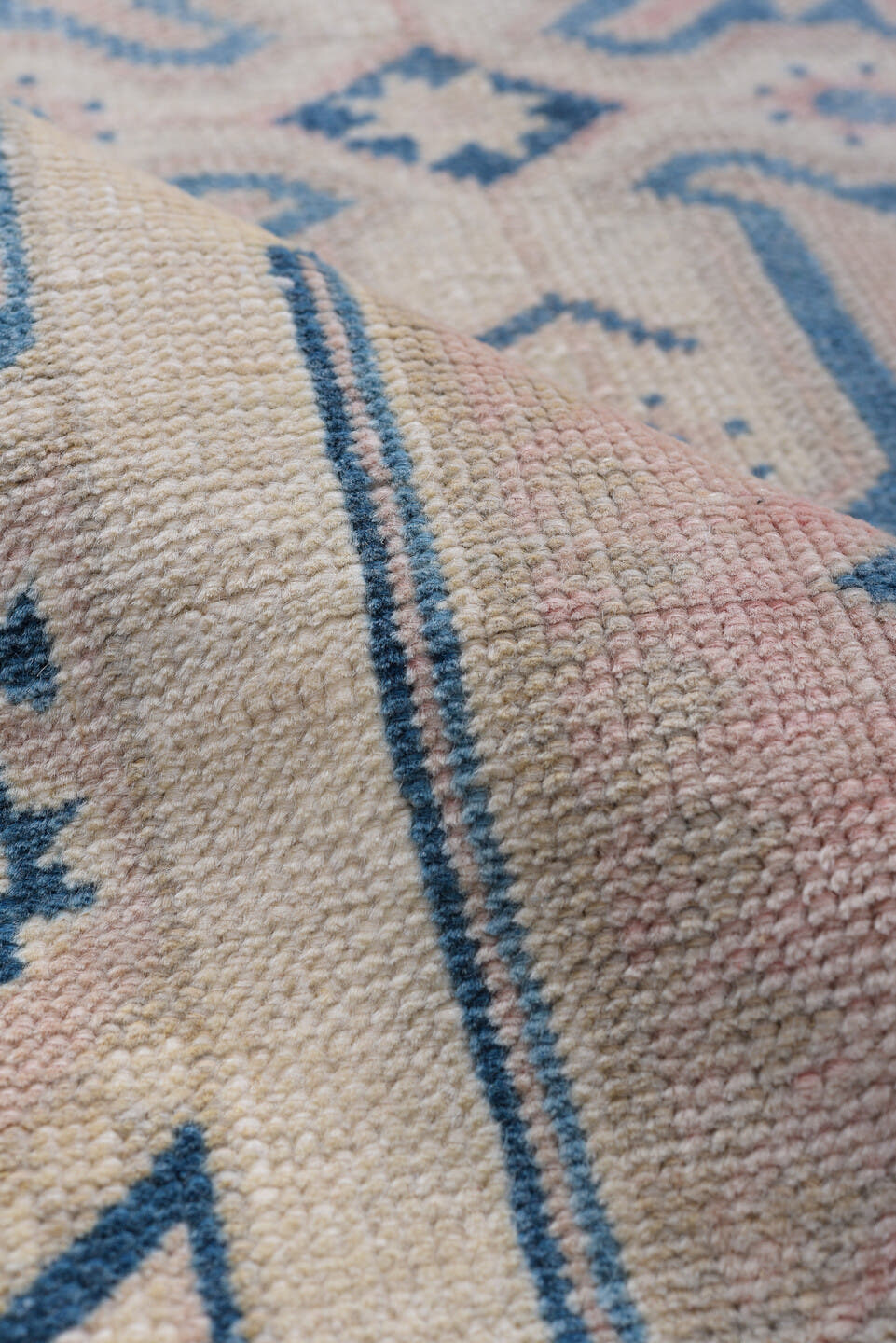 2' x 10' one-of-a-kind handmade antique Oushak runner rug. Color palette: ivory, sky_blue, blush, beige, light blue, pink