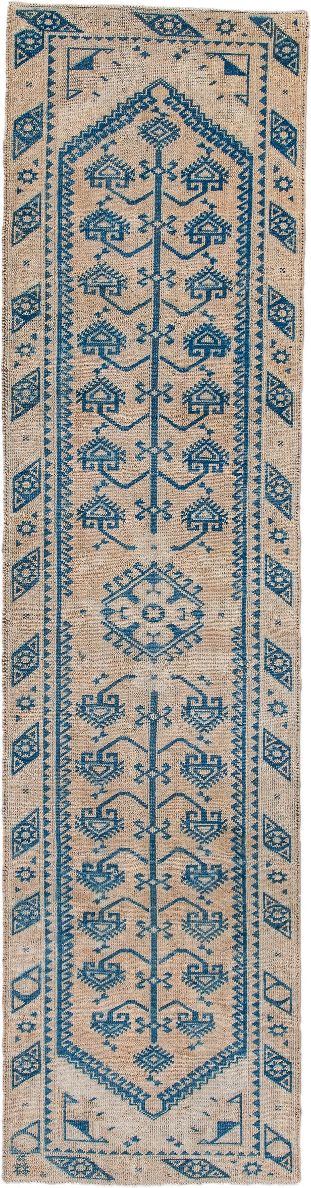 2' x 9' one-of-a-kind handmade antique Oushak runner rug. Color palette: ivory, cobalt, sky_blue, beige, blue, light blue