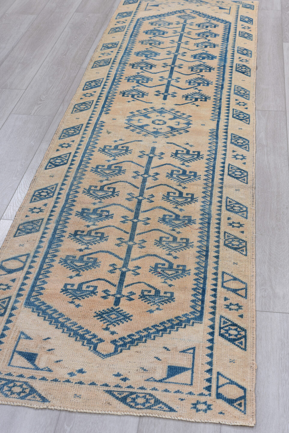 2' x 9' one-of-a-kind handmade vintage Oushak runner rug. Color palette: arapawa, black, blue, brown, charcoal, gray