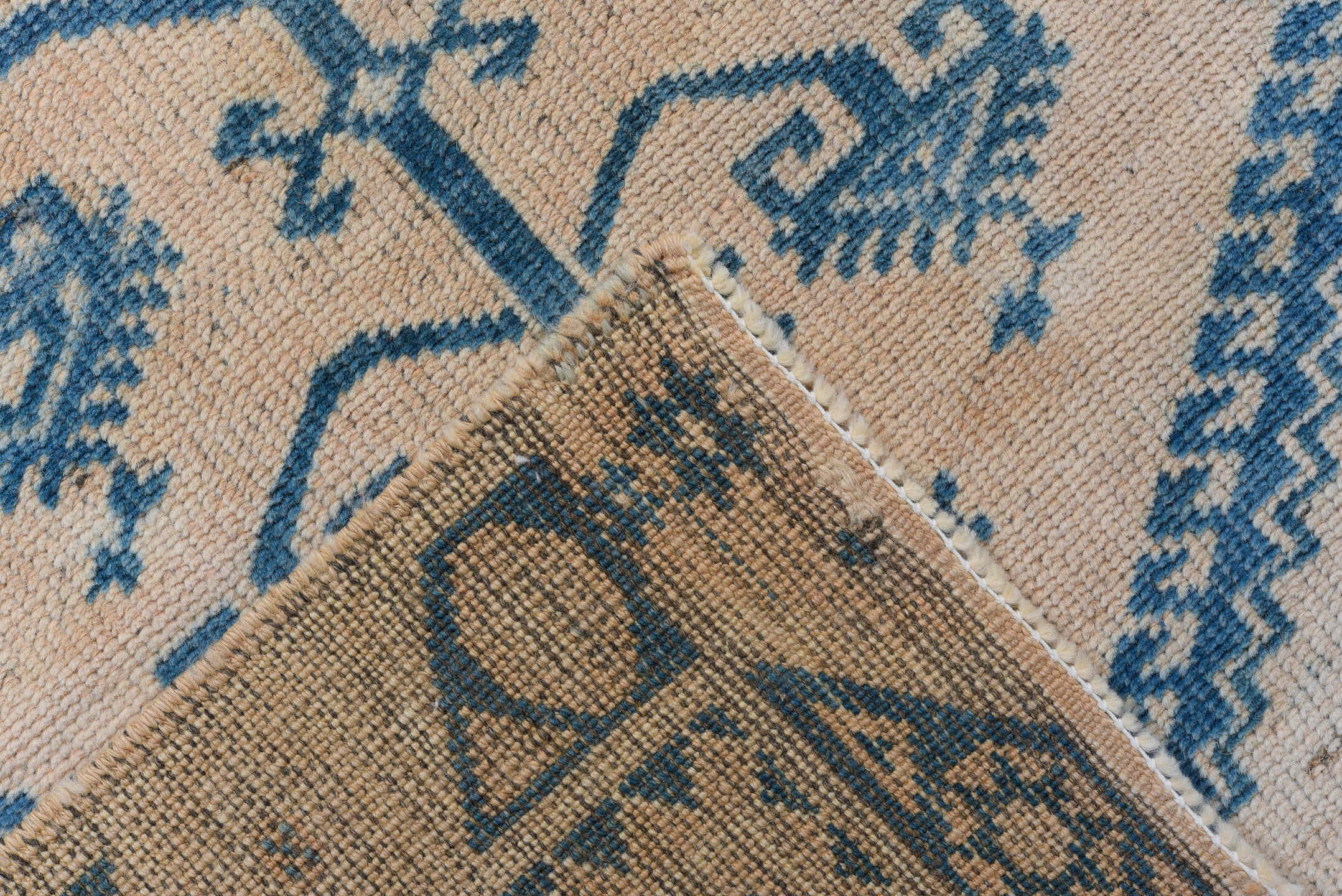 2' x 9' one-of-a-kind handmade antique Oushak runner rug. Color palette: ivory, cobalt, sky_blue, beige, blue, light blue