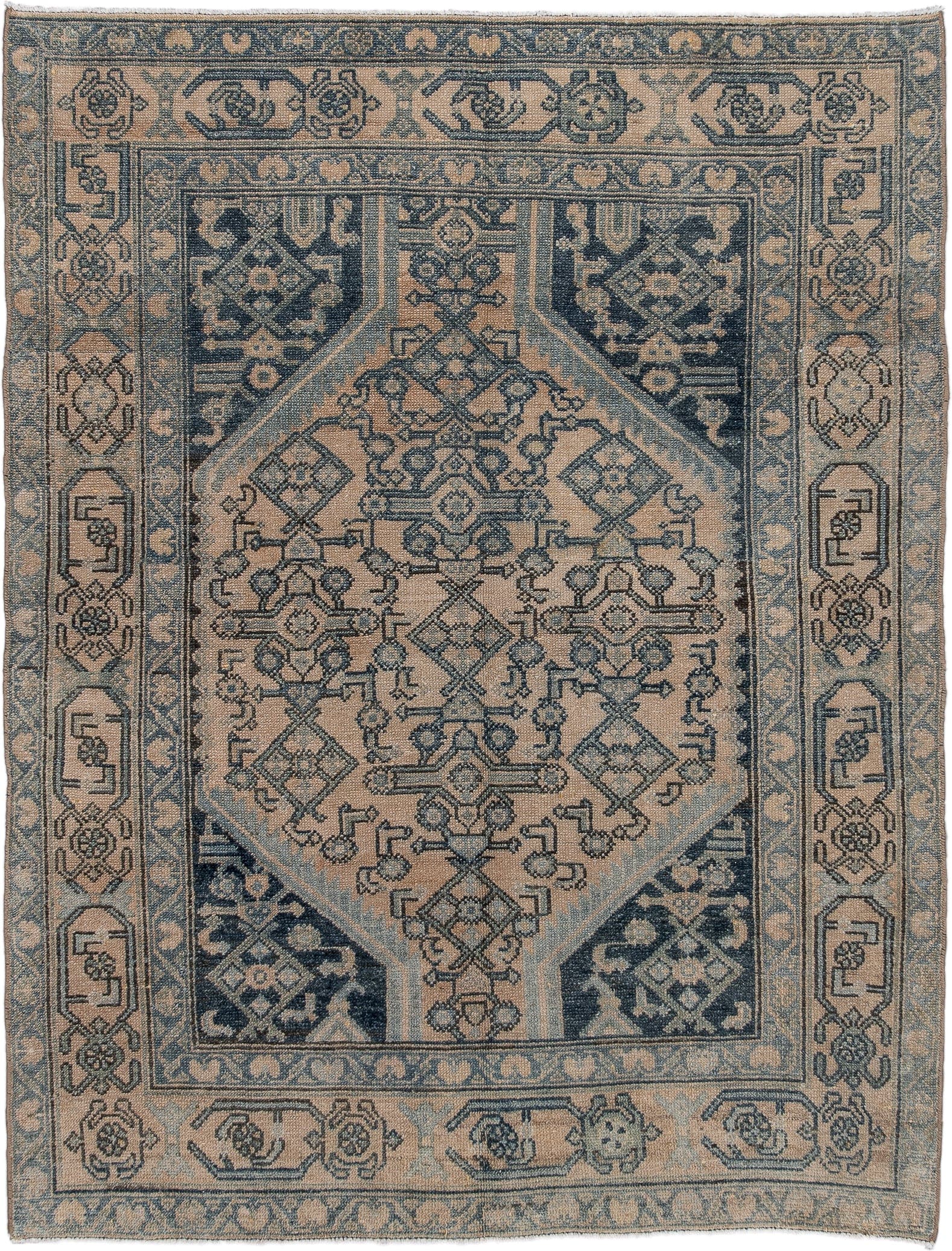 4' x 5' one-of-a-kind handmade antique Malayer small size rug. Color palette: beige, slate, ivory, taupe, charcoal, camel
