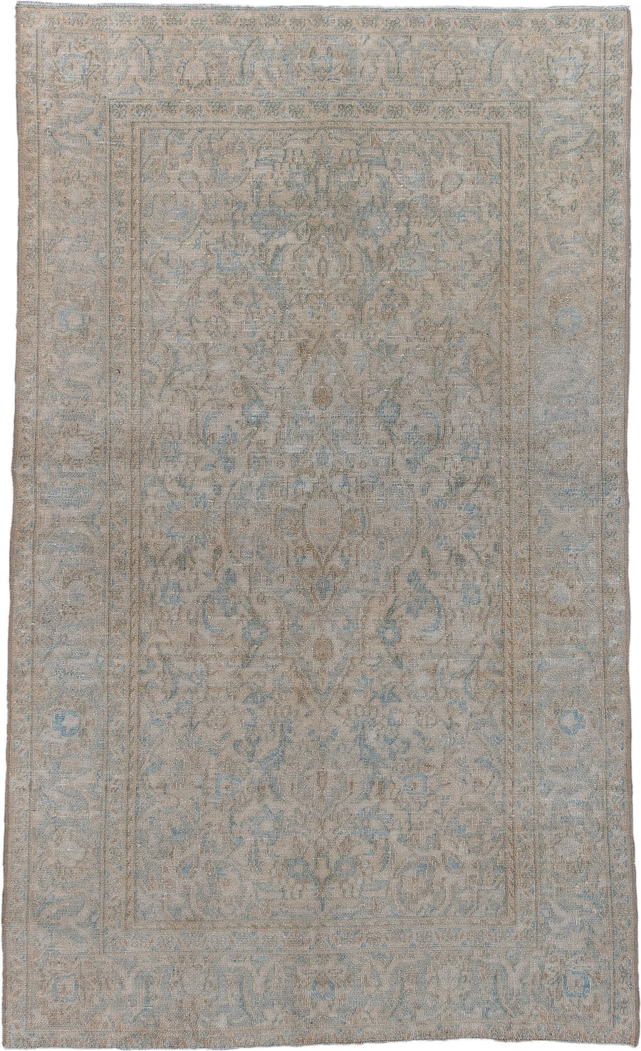 3' x 6' one-of-a-kind handmade antique Sivas small size rug. Color palette: beige, ivory, pale blue, taupe, sand, light blue