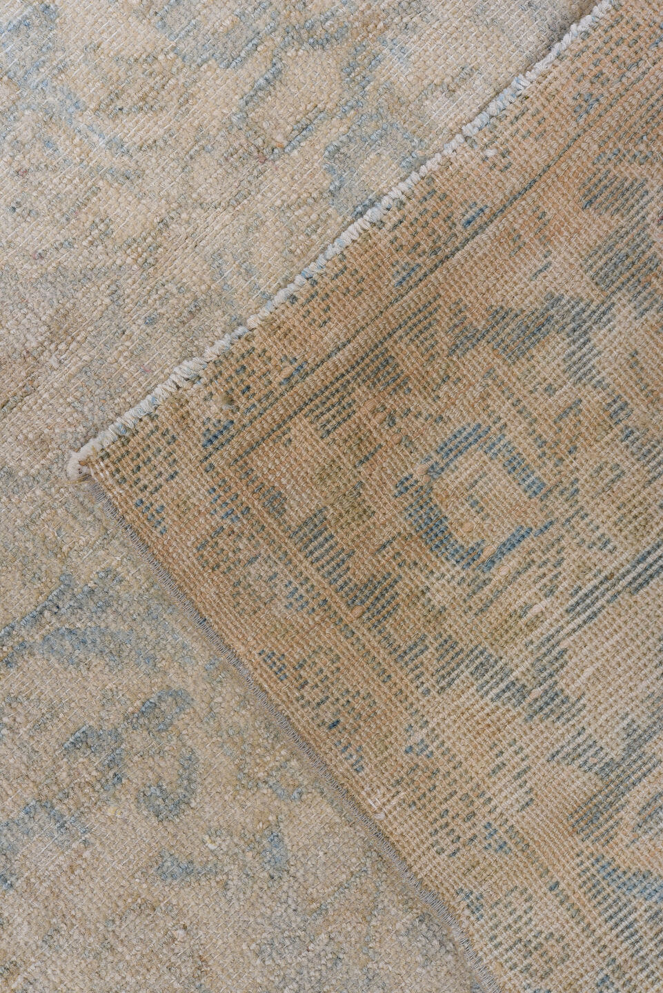 3' x 6' one-of-a-kind handmade antique Sivas small size rug. Color palette: beige, ivory, pale blue, taupe, sand, light blue