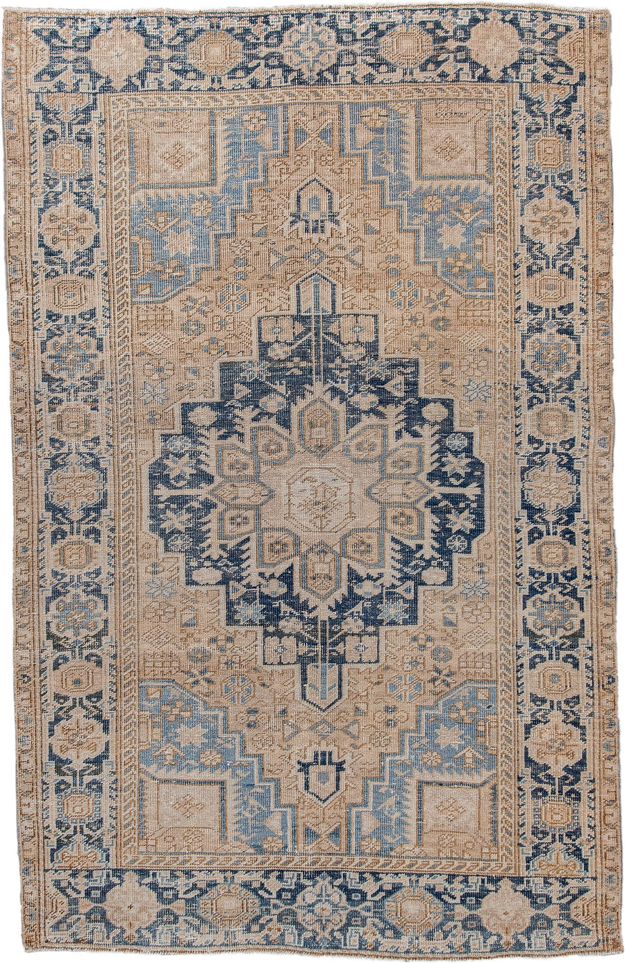 4' x 6' one-of-a-kind handmade antique Sarouk small size rug. Color palette: ivory, blue, navy, beige, camel