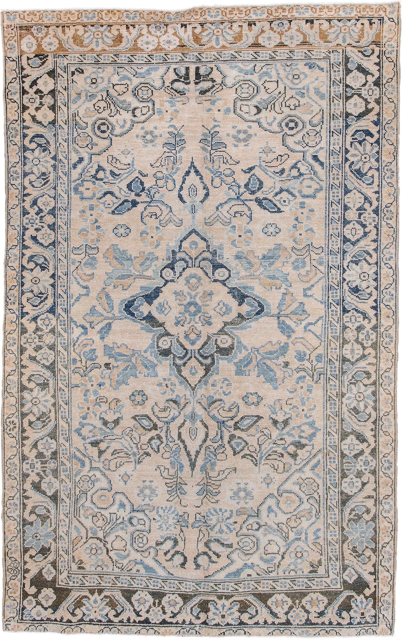 4' x 6' one-of-a-kind handmade antique Malayer small size rug. Color palette: ivory, sky blue, slate, charcoal, taupe, cream