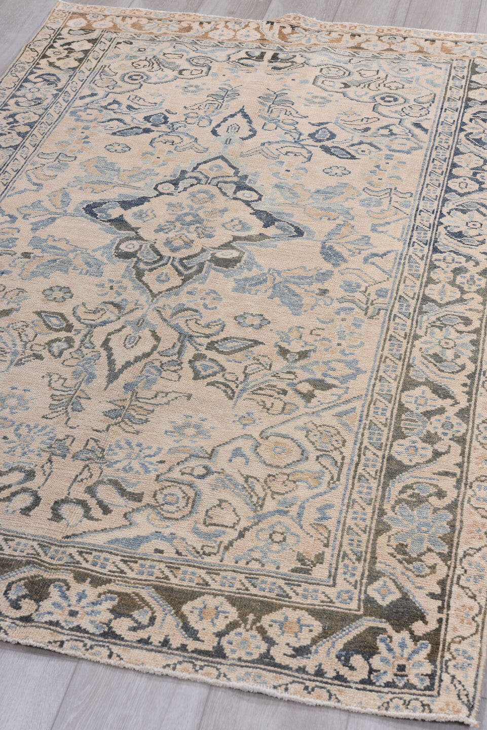 4' x 6' one-of-a-kind handmade antique Malayer small size rug. Color palette: ivory, sky blue, slate, charcoal, taupe, cream
