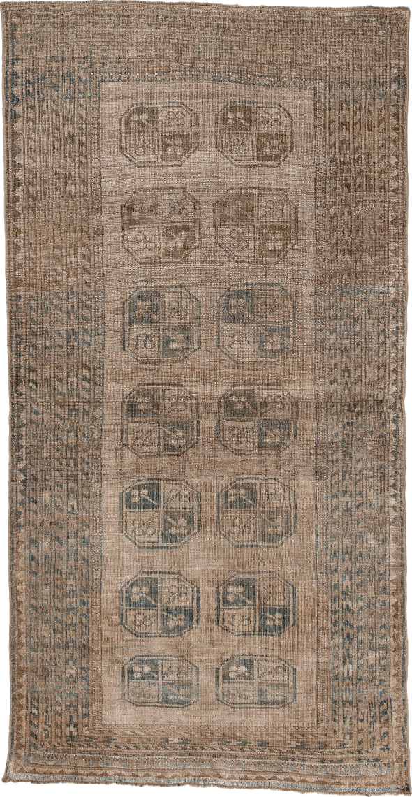 3' x 7' one-of-a-kind handmade vintage Afghan rug. Color palette: black, brown, gainsboro, gray, light gray, linen