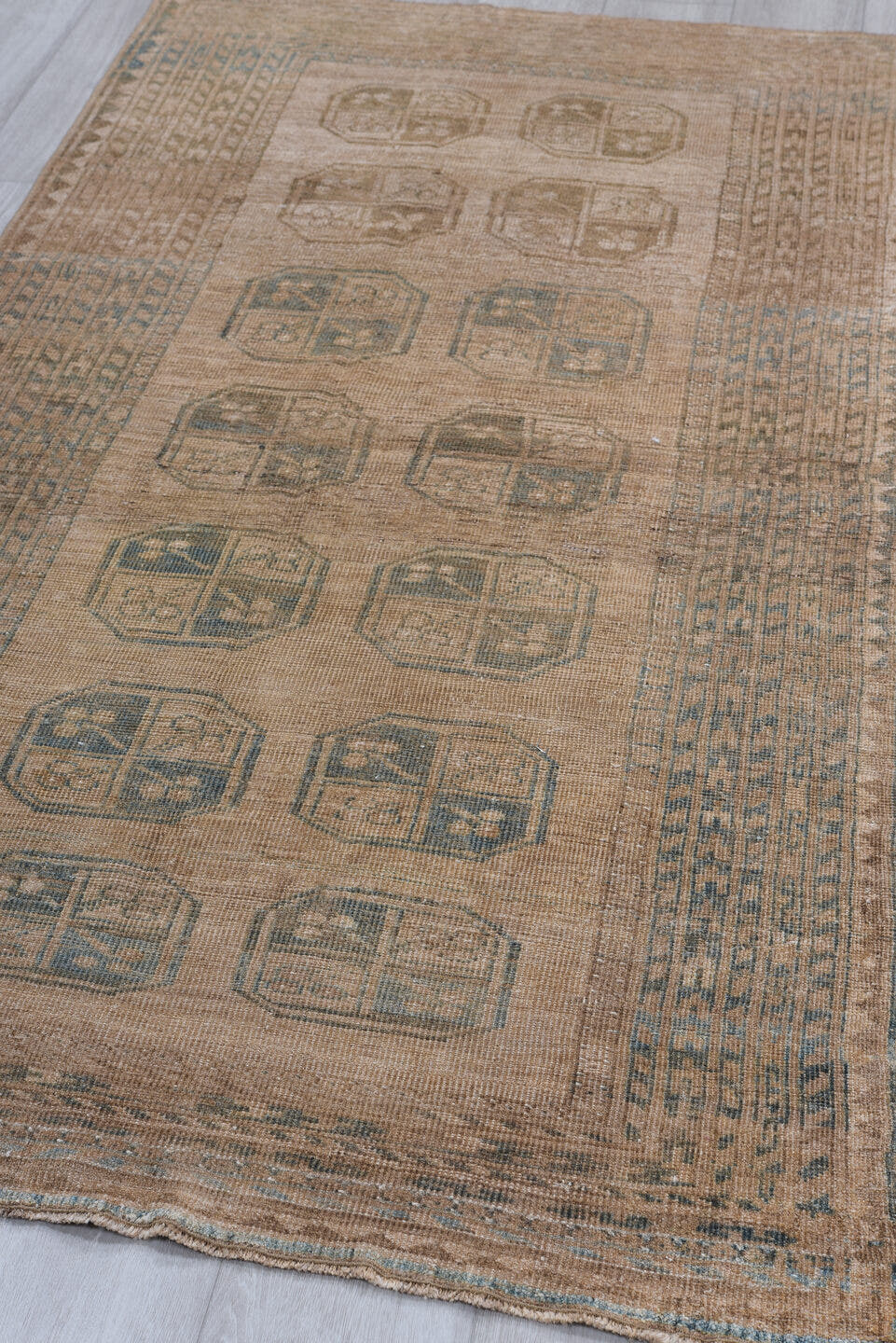 3' x 7' one-of-a-kind handmade antique Afghan rug. Color palette: camel, taupe, brown, slate, ivory, beige, gray