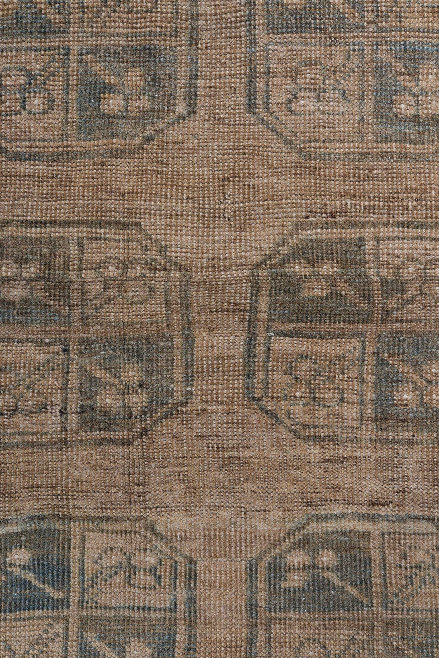 3' x 7' one-of-a-kind handmade antique Afghan rug. Color palette: camel, taupe, brown, slate, ivory, beige, gray
