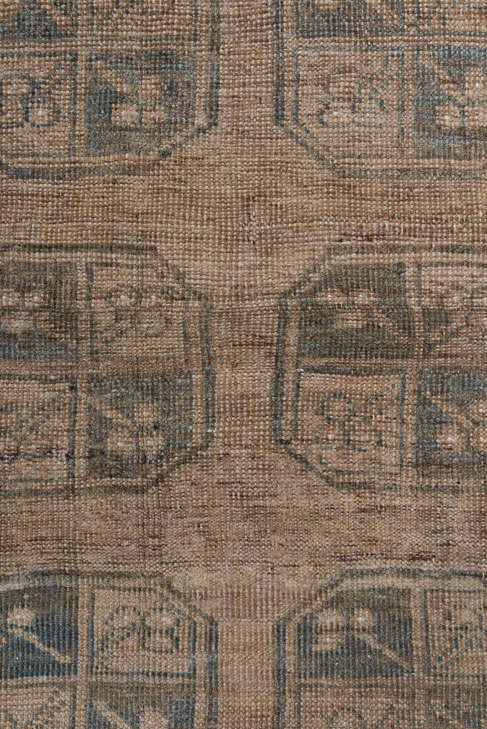3' x 7' one-of-a-kind handmade antique Afghan rug. Color palette: camel, taupe, brown, slate, ivory, beige, gray