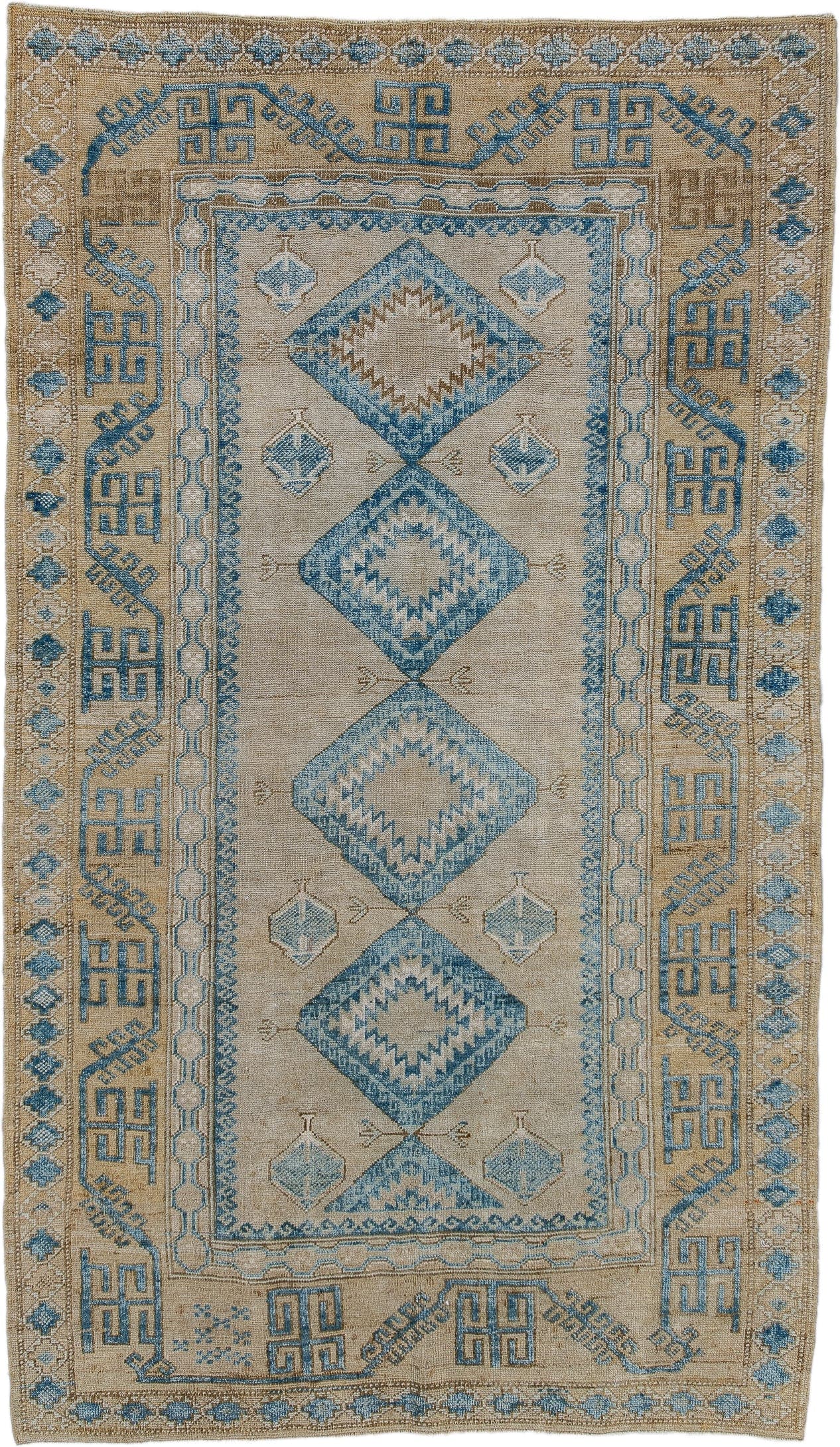 3' x 6' one-of-a-kind handmade antique Belouch small size rug. Color palette: ivory, sky blue, beige, camel, taupe