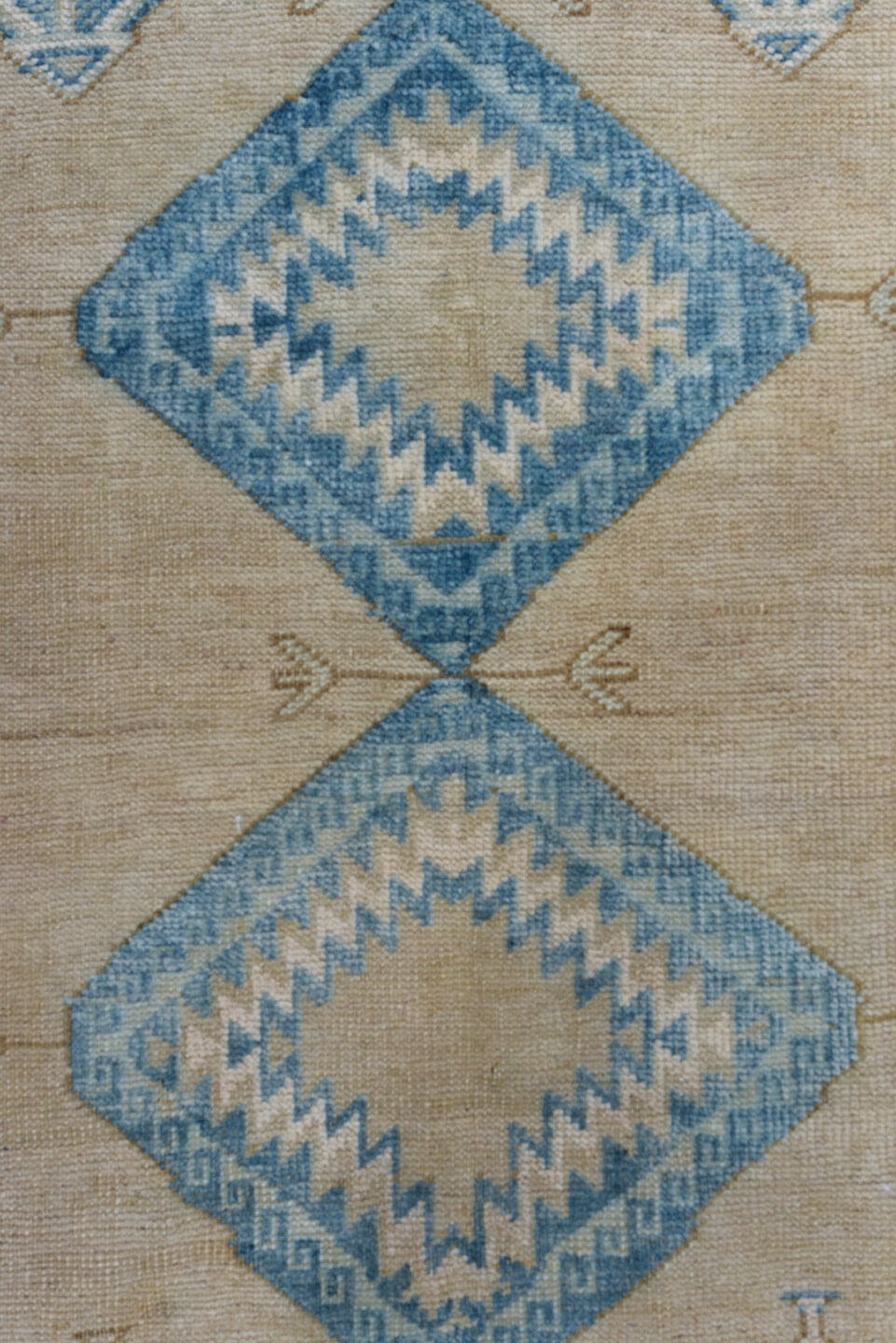 3' x 6' one-of-a-kind handmade antique Belouch small size rug. Color palette: ivory, sky blue, beige, camel, taupe