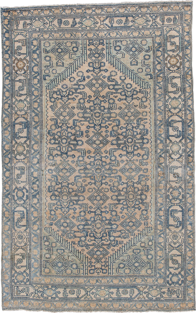 4' x 6' one-of-a-kind handmade antique Malayer small size rug. Color palette: ivory, pale blue, sand, taupe, light blue