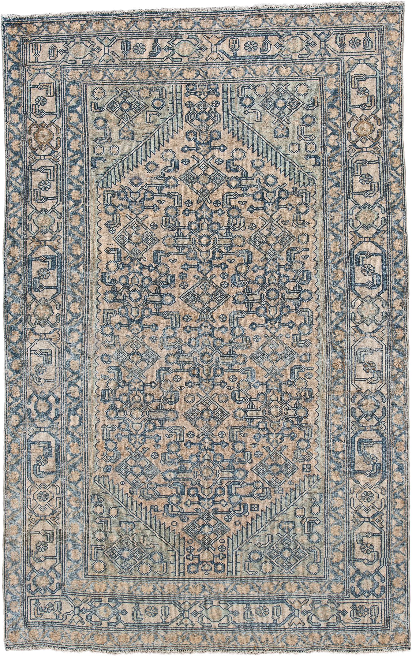4' x 6' one-of-a-kind handmade antique Malayer small size rug. Color palette: ivory, pale blue, sand, taupe, light blue