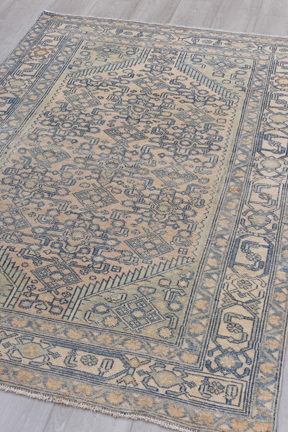 4' x 6' one-of-a-kind handmade antique Malayer small size rug. Color palette: ivory, pale blue, sand, taupe, light blue