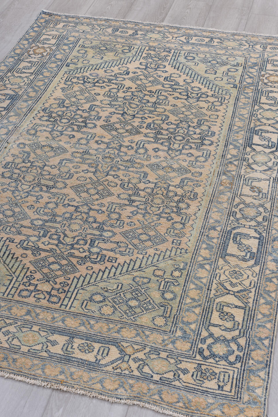 4' x 6' one-of-a-kind handmade antique Malayer small size rug. Color palette: ivory, pale blue, sand, taupe, light blue