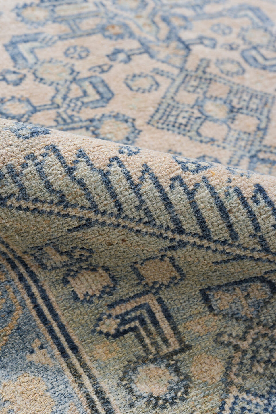 4' x 6' one-of-a-kind handmade antique Malayer small size rug. Color palette: ivory, pale blue, sand, taupe, light blue