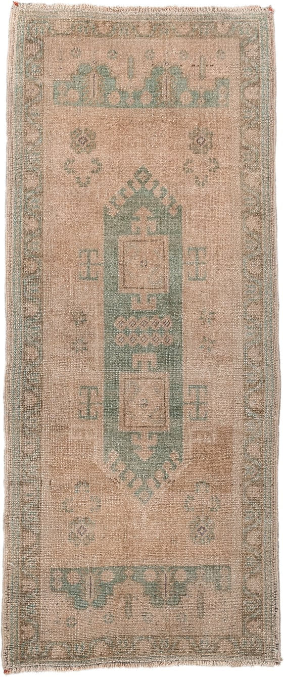 1' x 4' one-of-a-kind handmade vintage Oushak small size rug. Color palette: tan, sage, taupe, ivory, camel, beige, green