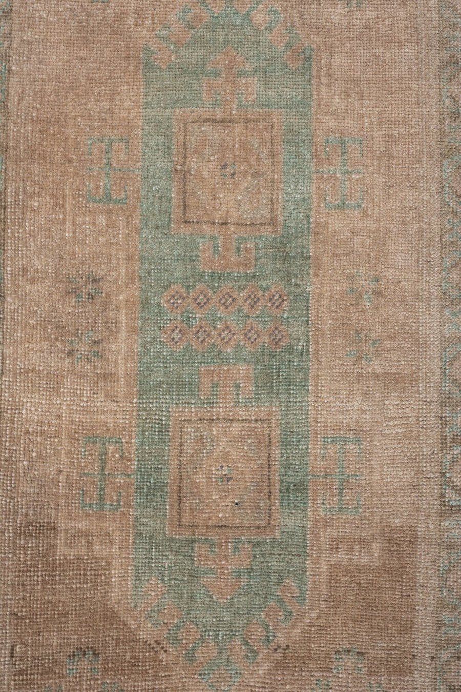 1' x 4' one-of-a-kind handmade vintage Oushak small size rug. Color palette: tan, sage, taupe, ivory, camel, beige, green