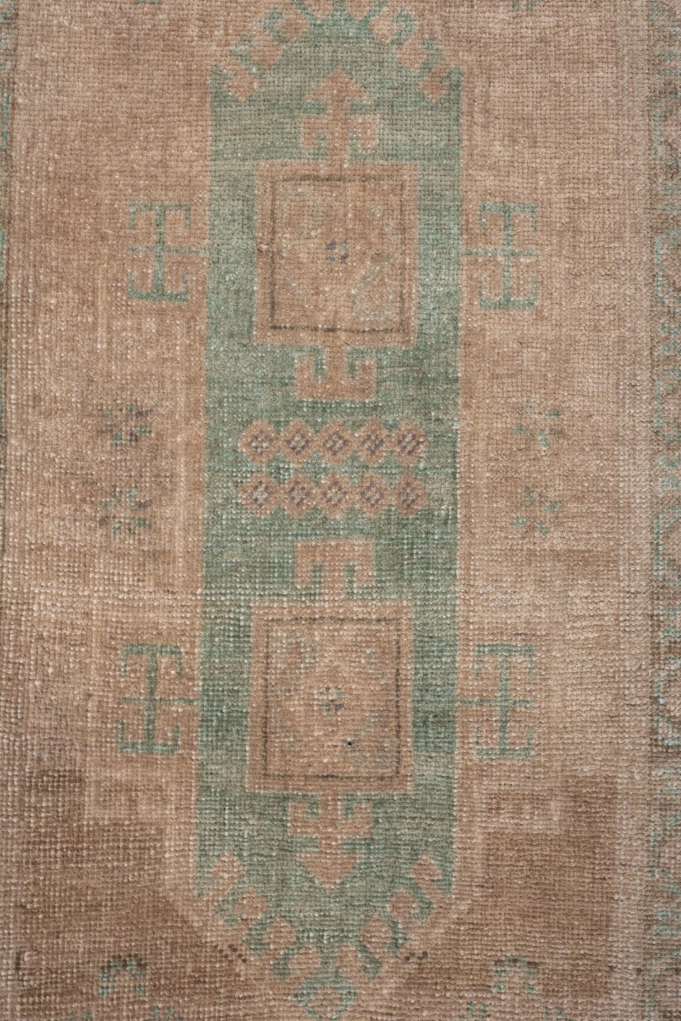 1' x 4' one-of-a-kind handmade vintage Oushak small size rug. Color palette: tan, sage, taupe, ivory, camel, beige, green
