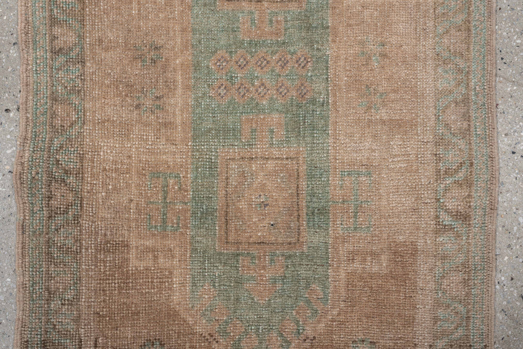 1' x 4' one-of-a-kind handmade vintage Oushak small size rug. Color palette: tan, sage, taupe, ivory, camel, beige, green