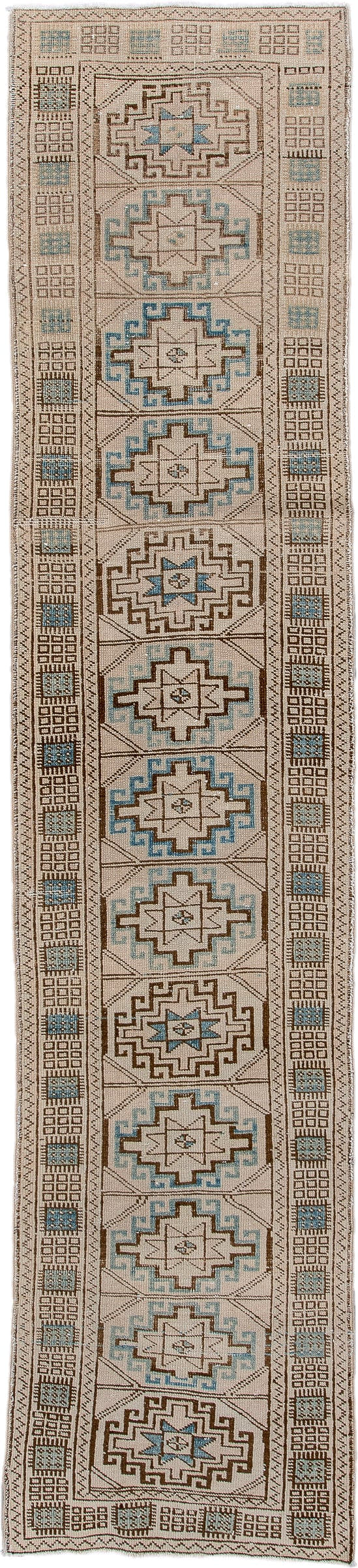 2' x 10' one-of-a-kind handmade antique Meshkin runner rug. Color palette: ivory, camel, sky blue, taupe, brown, beige