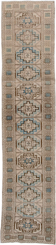 2' x 10' one-of-a-kind handmade antique Meshkin runner rug. Color palette: ivory, camel, sky blue, taupe, brown, beige