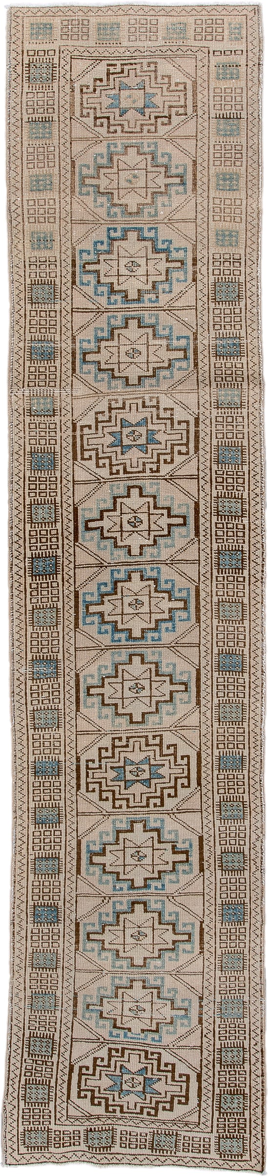 2' x 10' one-of-a-kind handmade antique Meshkin runner rug. Color palette: ivory, camel, sky blue, taupe, brown, beige