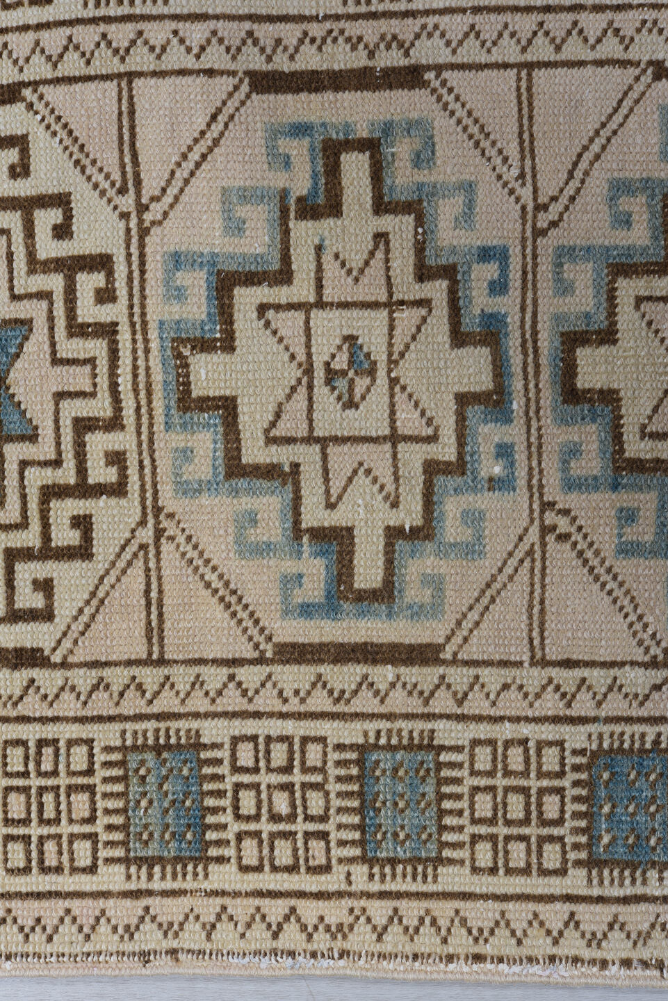 2' x 10' one-of-a-kind handmade antique Meshkin runner rug. Color palette: ivory, camel, sky blue, taupe, brown, beige