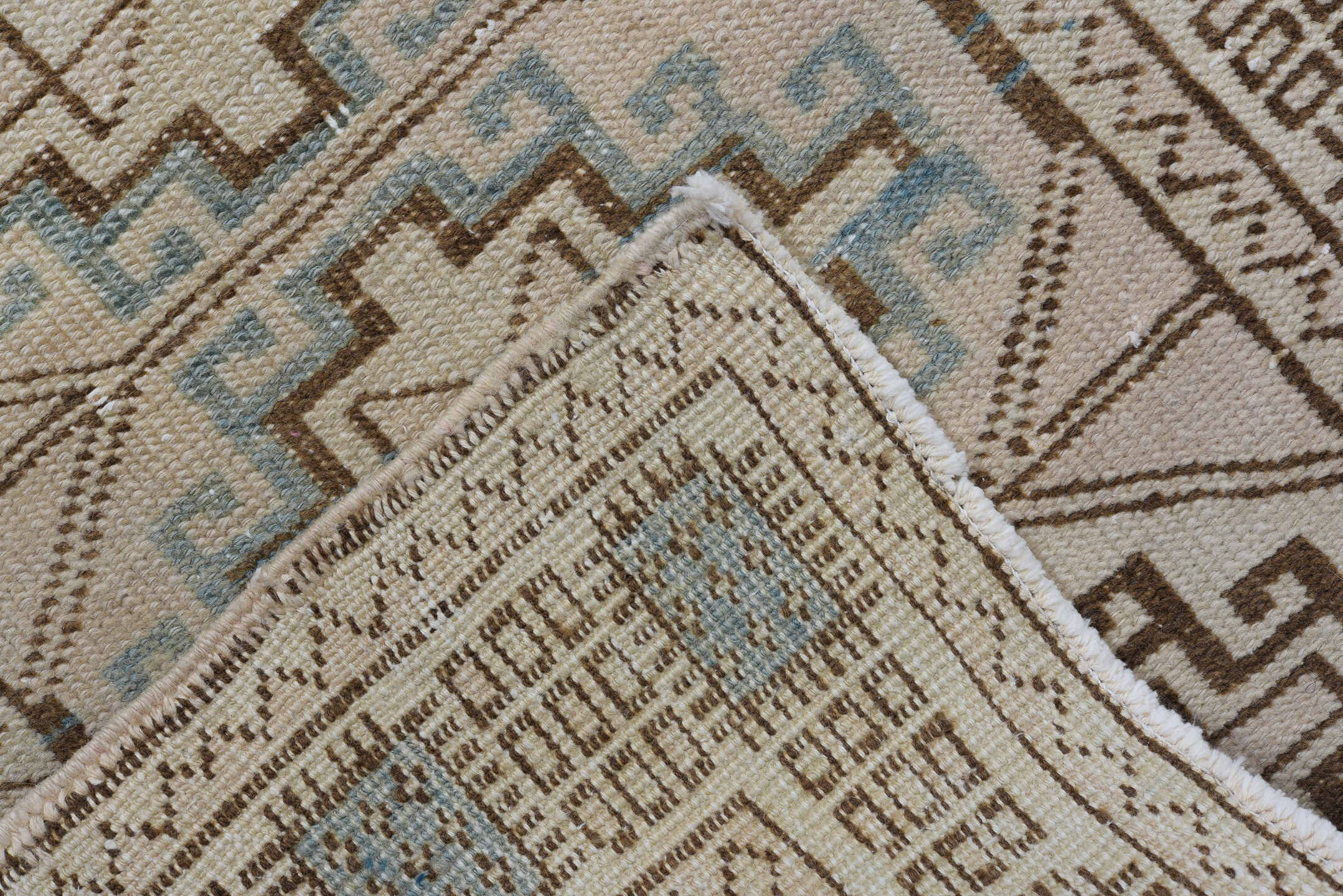 2' x 10' one-of-a-kind handmade antique Meshkin runner rug. Color palette: ivory, camel, sky blue, taupe, brown, beige