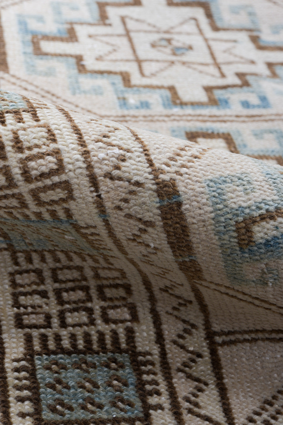 2' x 10' one-of-a-kind handmade antique Meshkin runner rug. Color palette: ivory, camel, sky blue, taupe, brown, beige