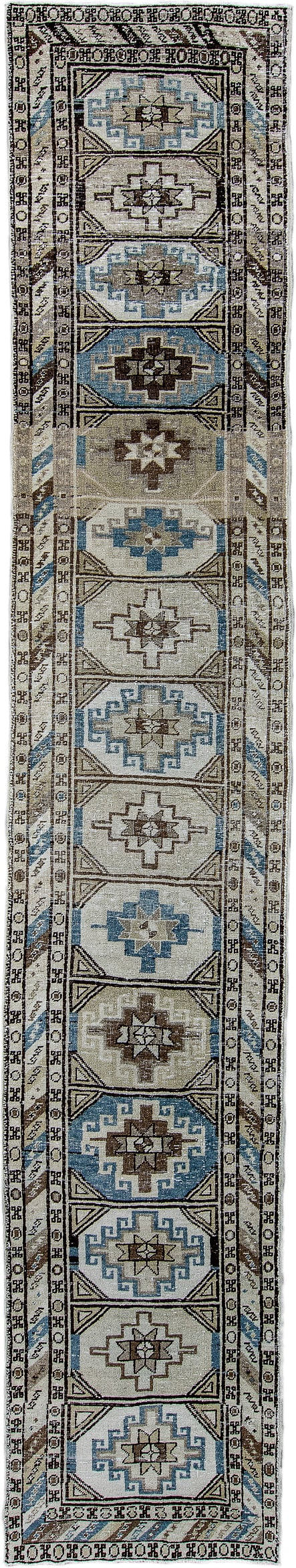 2' x 14' one-of-a-kind handmade antique Meshkin runner rug. Color palette: ivory, sky blue, taupe, brown, charcoal, beige