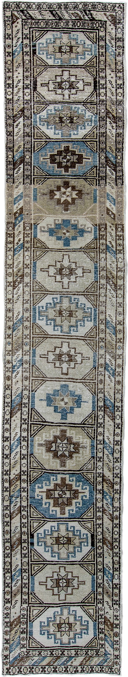 2' x 14' one-of-a-kind handmade antique Meshkin runner rug. Color palette: ivory, sky blue, taupe, brown, charcoal, beige