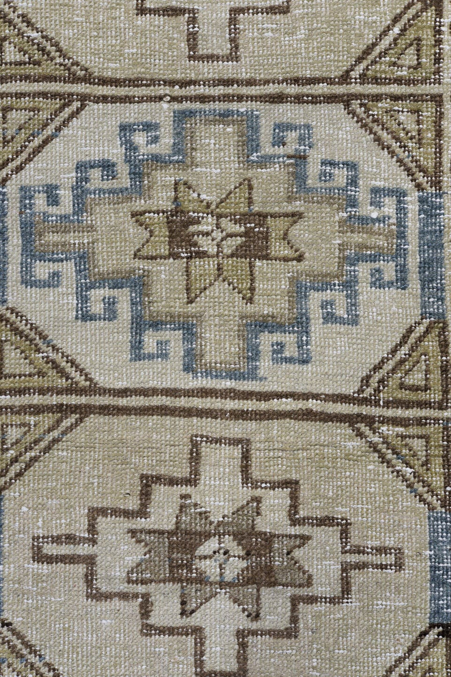 2' x 14' one-of-a-kind handmade antique Meshkin runner rug. Color palette: ivory, sky blue, taupe, brown, charcoal, beige
