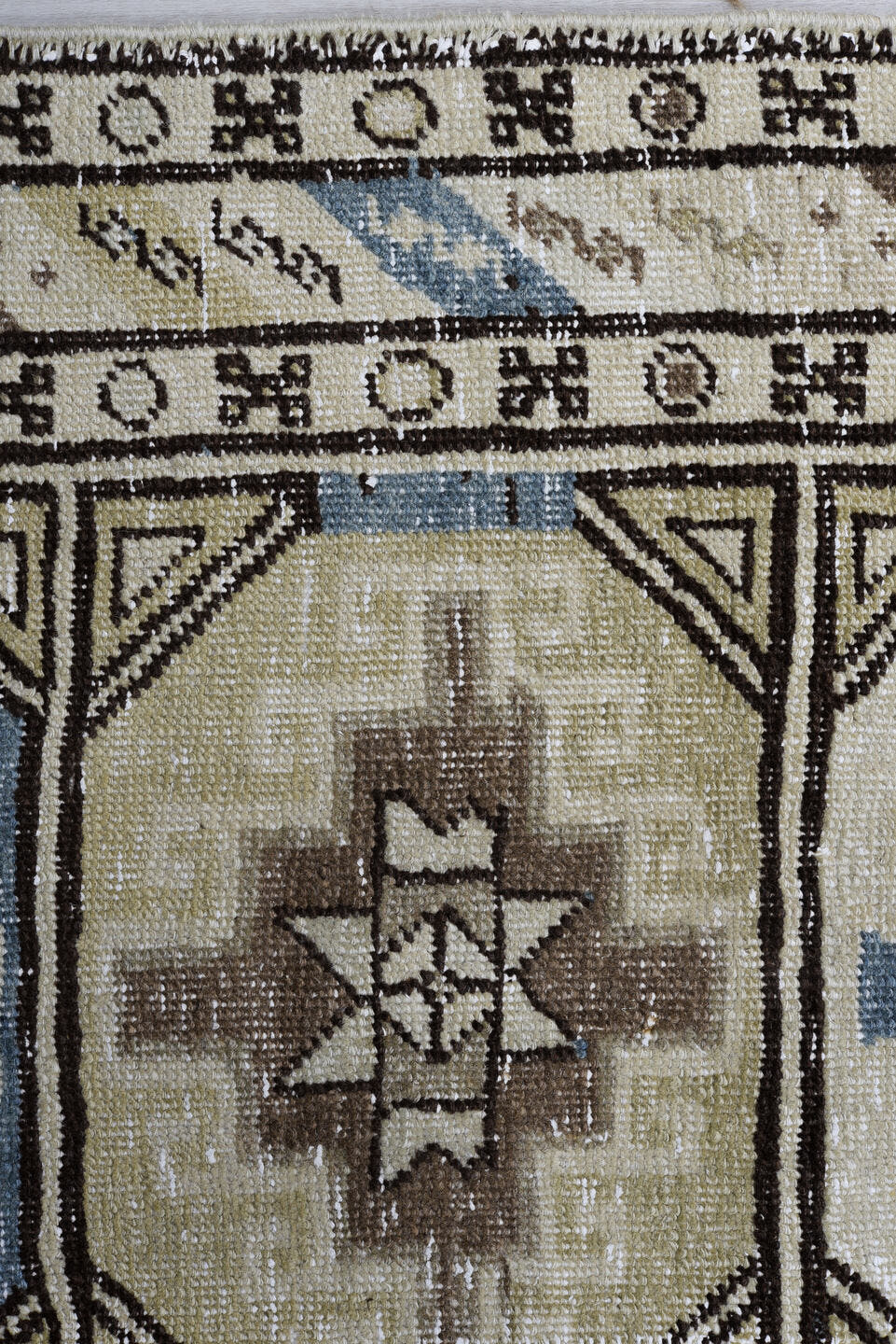 2' x 14' one-of-a-kind handmade antique Meshkin runner rug. Color palette: ivory, sky blue, taupe, brown, charcoal, beige