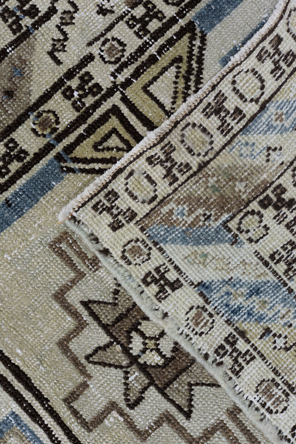 2' x 14' one-of-a-kind handmade antique Meshkin runner rug. Color palette: ivory, sky blue, taupe, brown, charcoal, beige