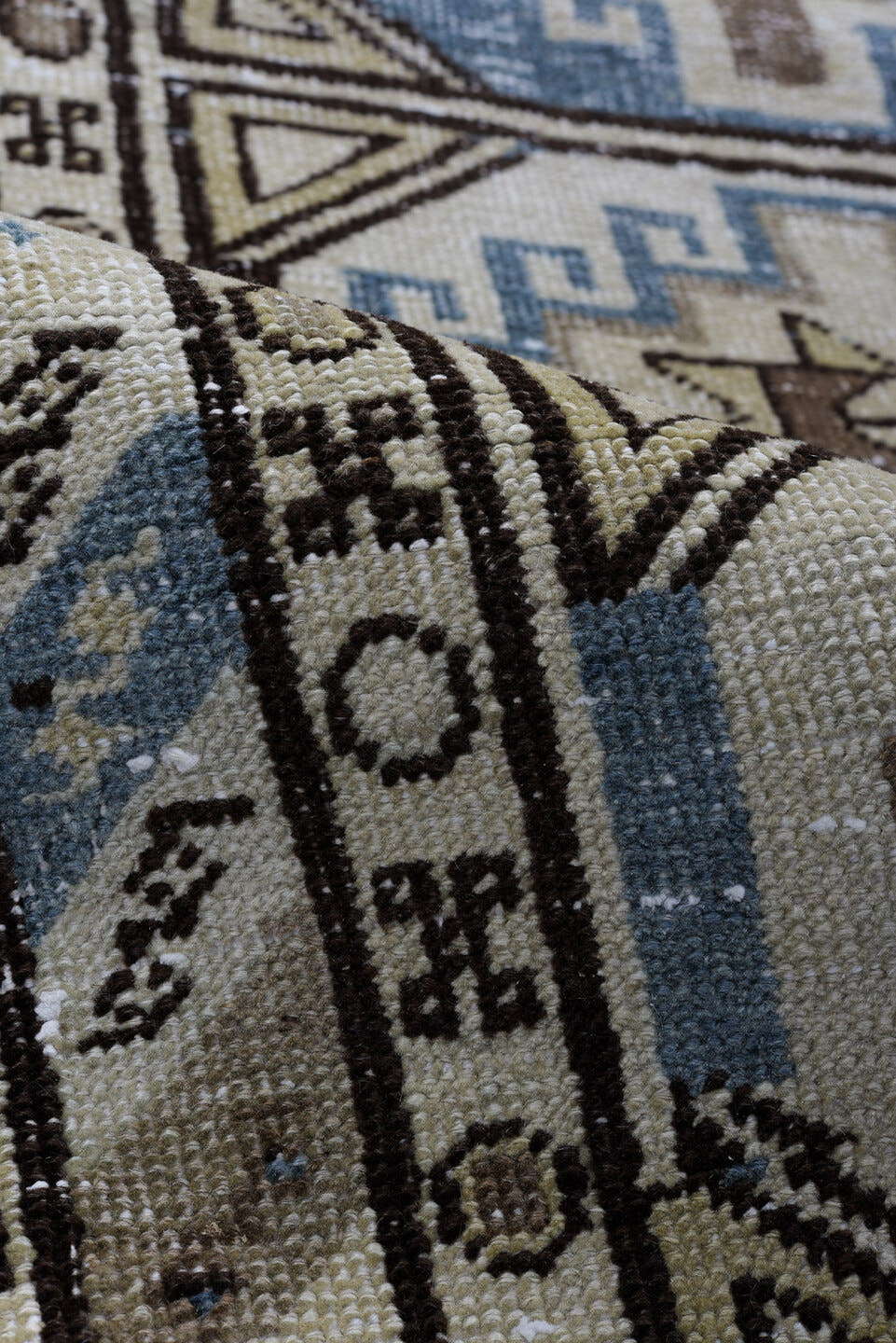 2' x 14' one-of-a-kind handmade antique Meshkin runner rug. Color palette: ivory, sky blue, taupe, brown, charcoal, beige