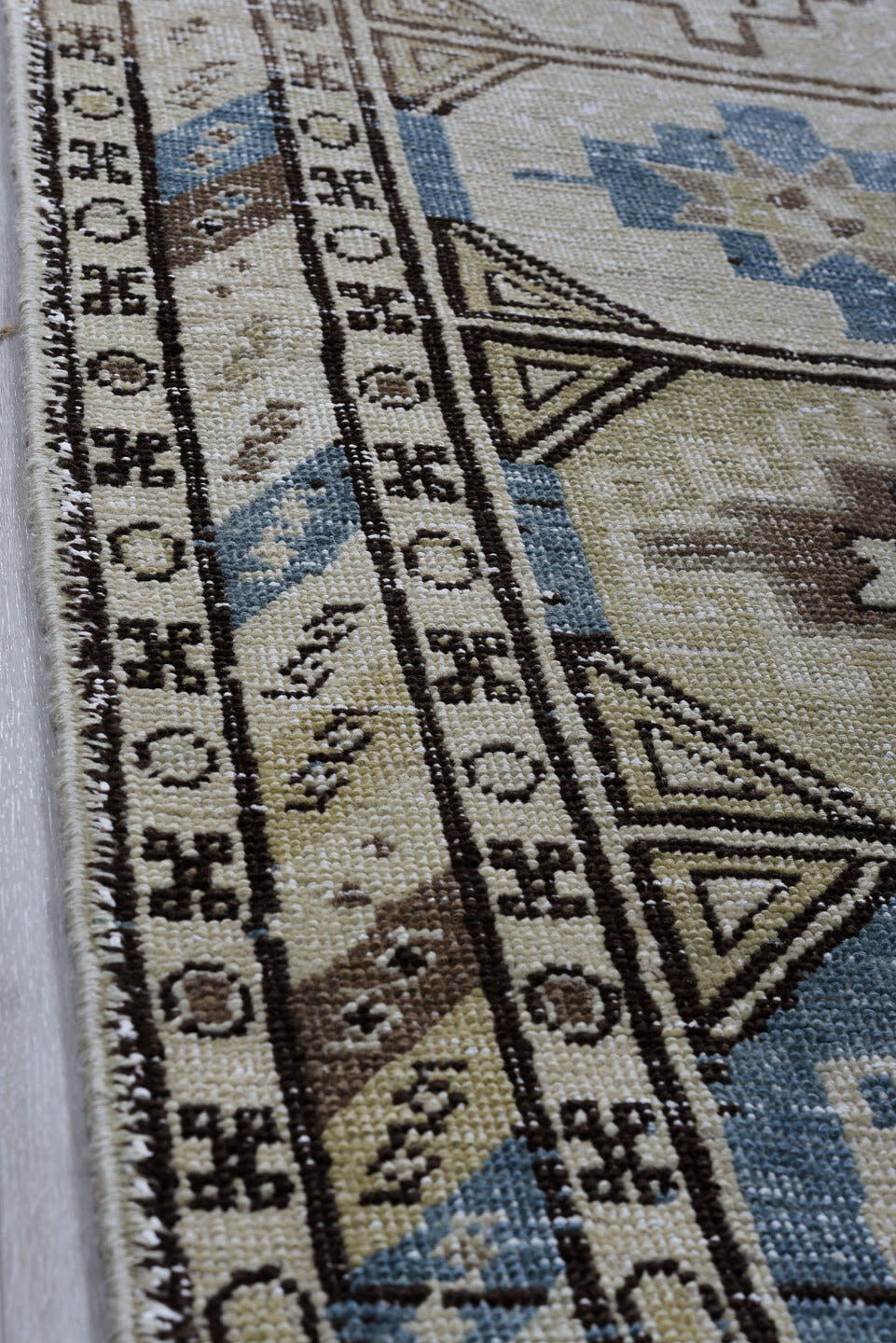 2' x 14' one-of-a-kind handmade antique Meshkin runner rug. Color palette: ivory, sky blue, taupe, brown, charcoal, beige