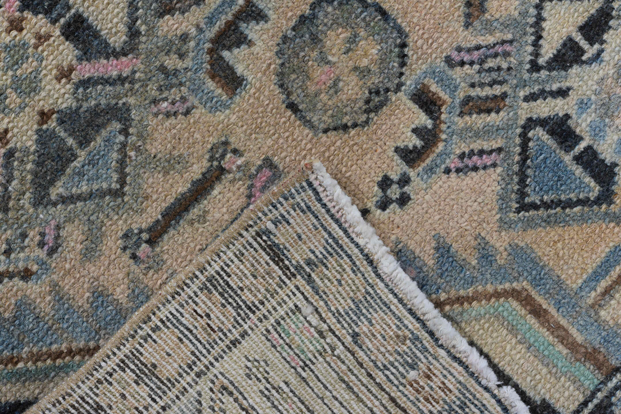 2' x 6' one-of-a-kind handmade antique Malayer runner rug. Color palette: ivory, powder_blue, charcoal, blush, taupe, rust