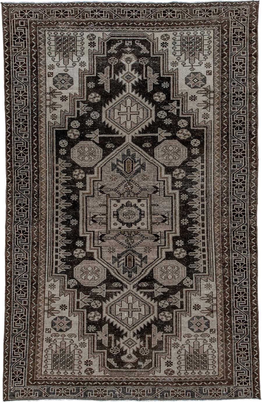 4' x 6' one-of-a-kind handmade antique Malayer small size rug. Color palette: brown, ivory, taupe, charcoal, camel, beige