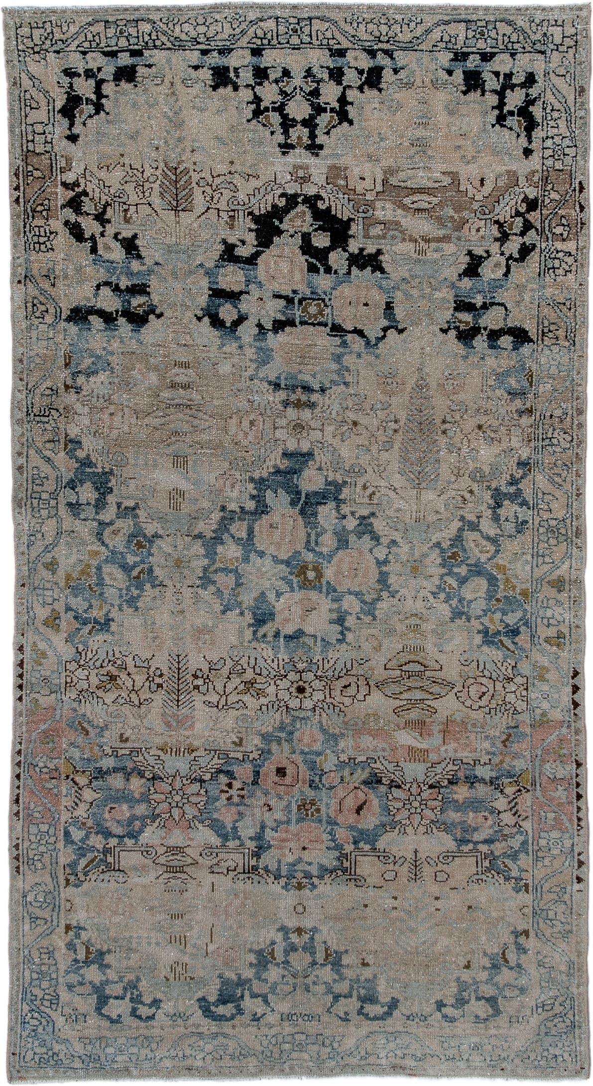 3' x 6' one-of-a-kind handmade antique Malayer small size rug. Color palette: ivory, powder_blue, taupe, blush, charcoal