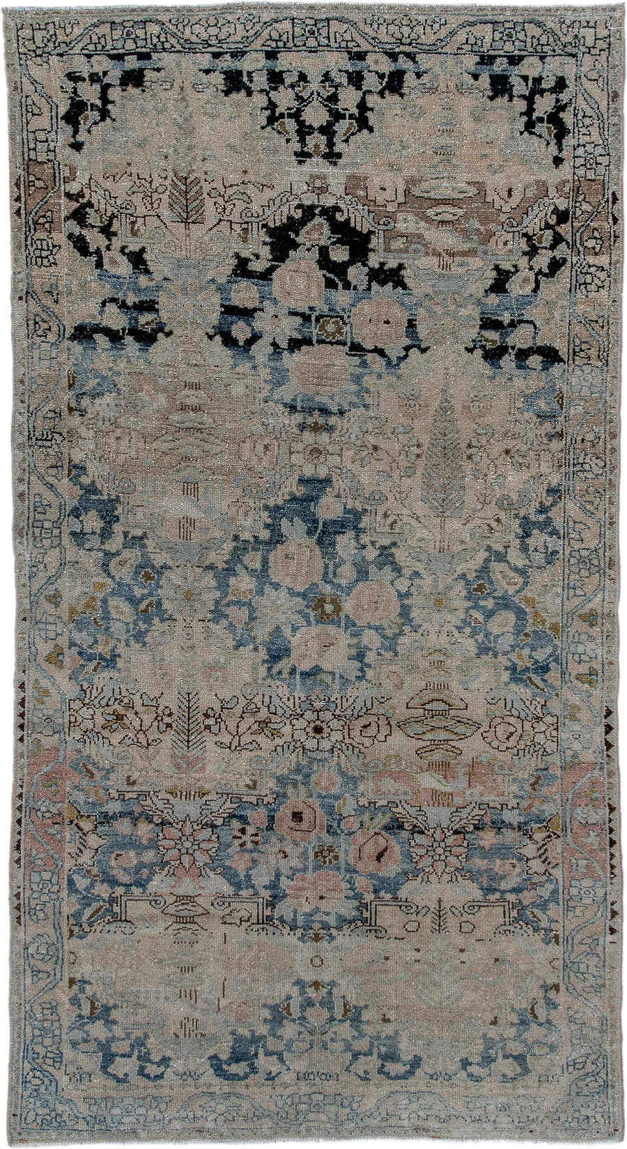 3' x 6' one-of-a-kind handmade antique Malayer small size rug. Color palette: ivory, powder_blue, taupe, blush, charcoal
