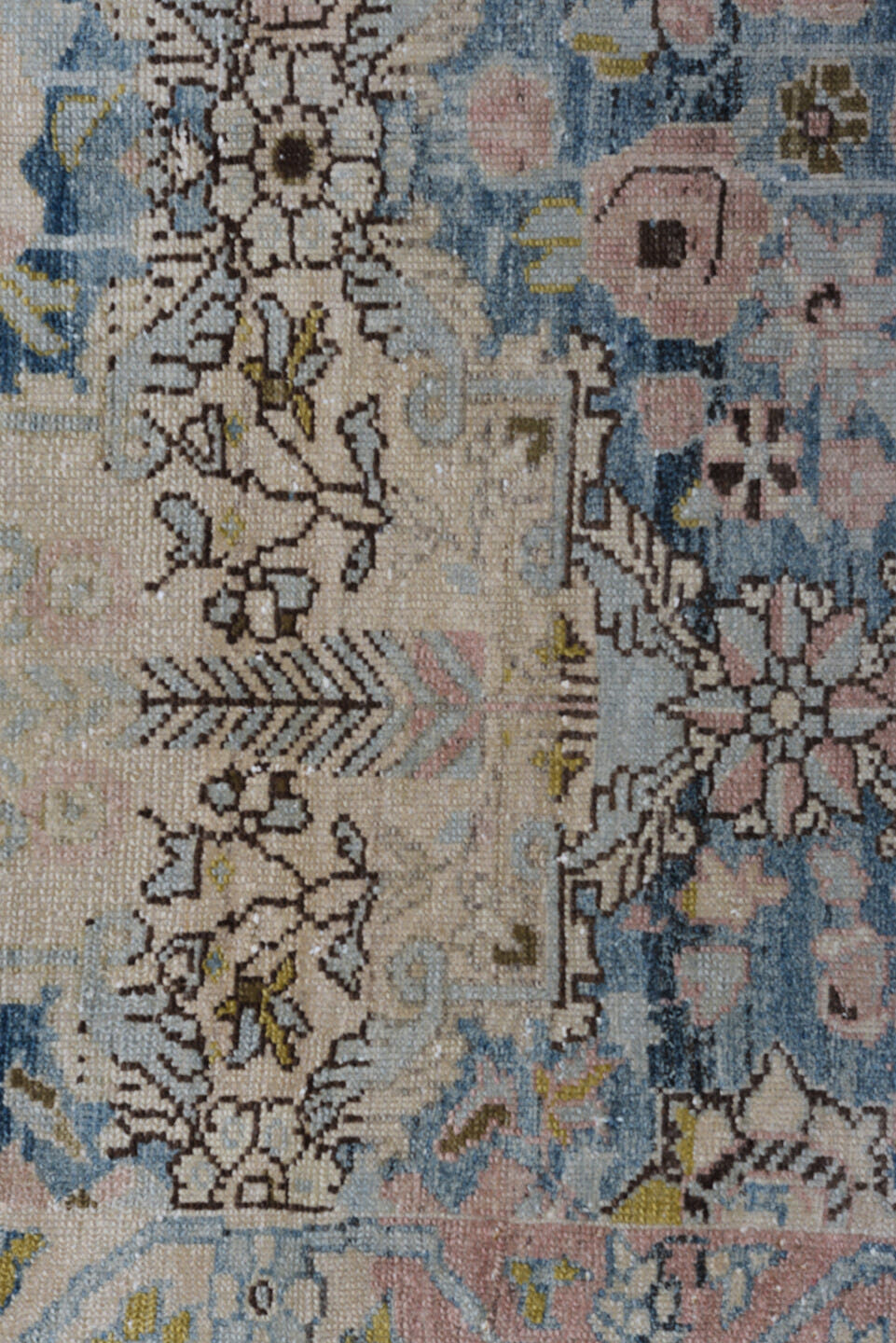 3' x 6' one-of-a-kind handmade antique Malayer small size rug. Color palette: ivory, powder_blue, taupe, blush, charcoal