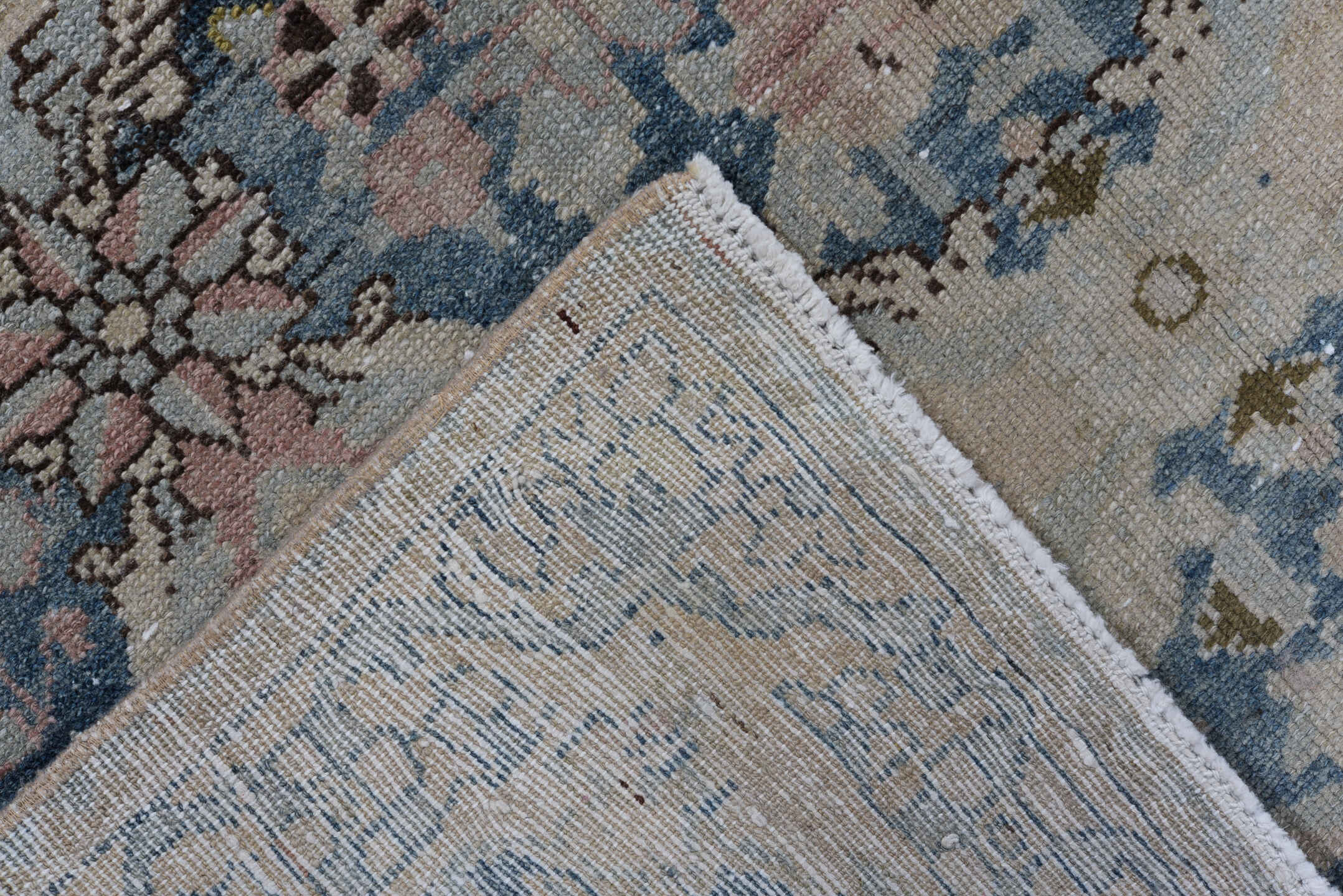 3' x 6' one-of-a-kind handmade antique Malayer small size rug. Color palette: ivory, powder_blue, taupe, blush, charcoal