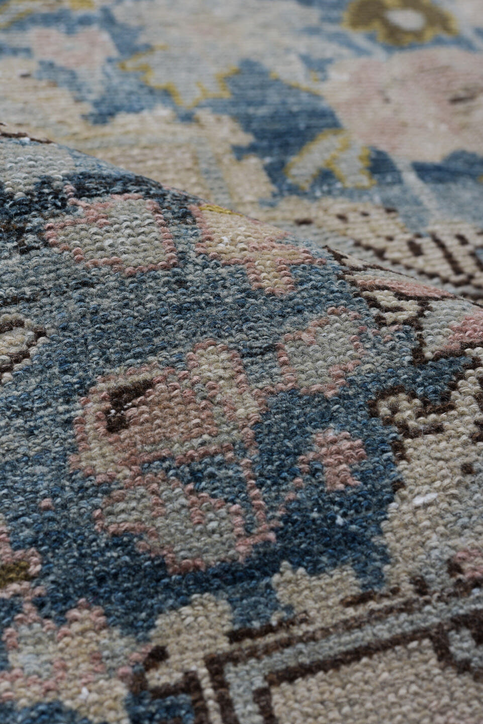 3' x 6' one-of-a-kind handmade antique Malayer small size rug. Color palette: ivory, powder_blue, taupe, blush, charcoal