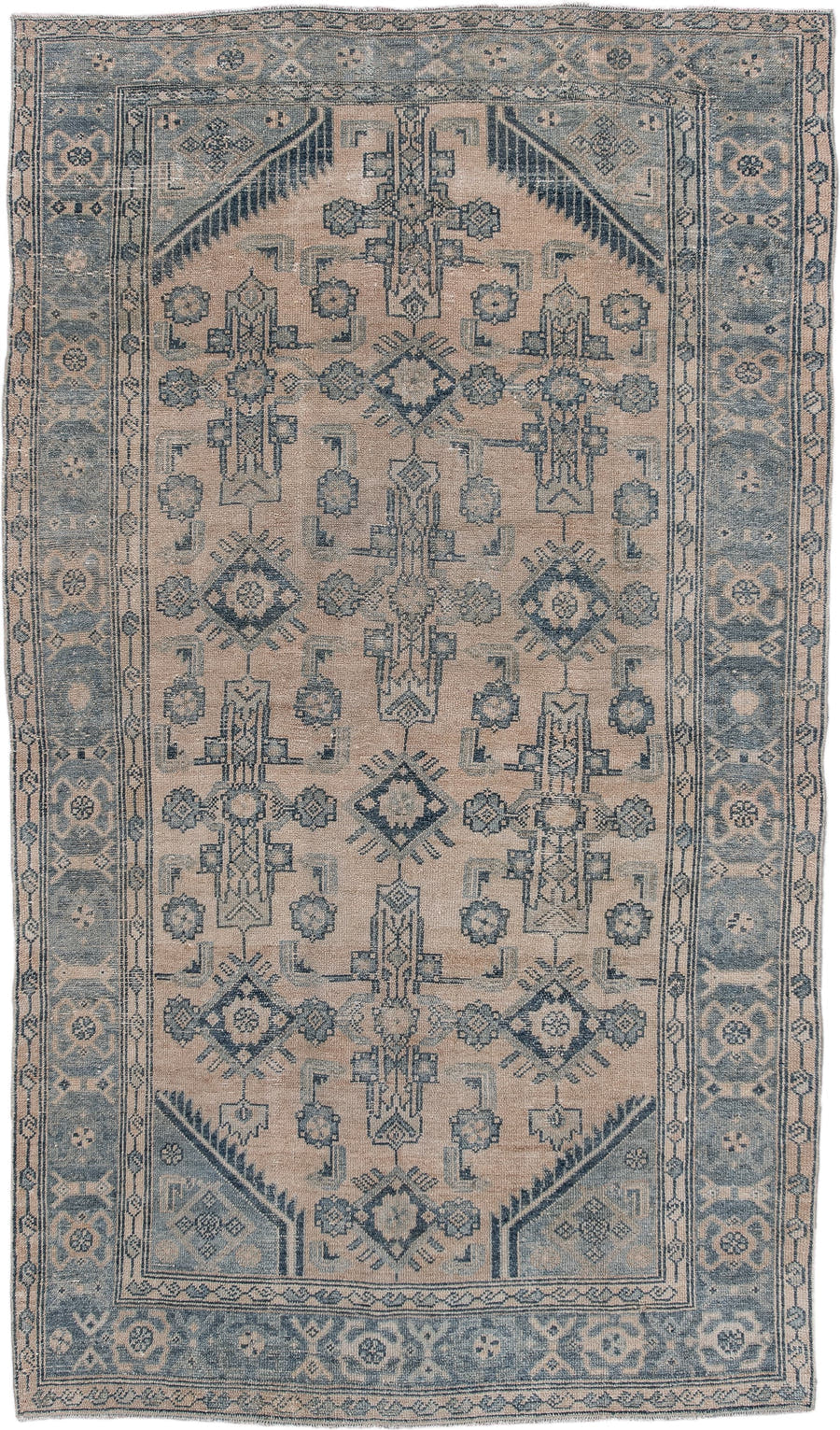 4' x 7' one-of-a-kind handmade antique Malayer rug. Color palette: ivory, slate, dusty blue, taupe, charcoal, gray, blue