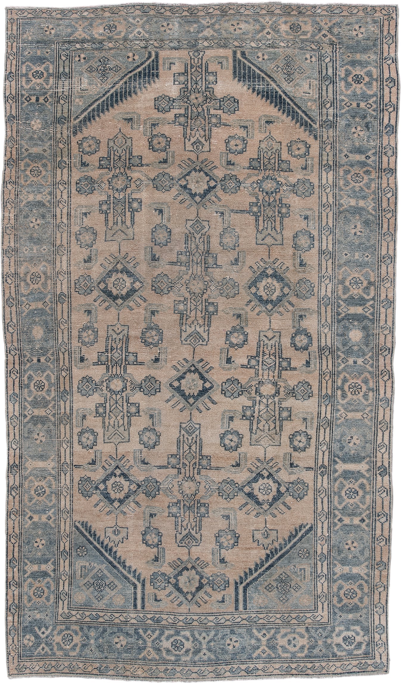 4' x 7' one-of-a-kind handmade antique Malayer rug. Color palette: ivory, slate, dusty blue, taupe, charcoal, gray, blue