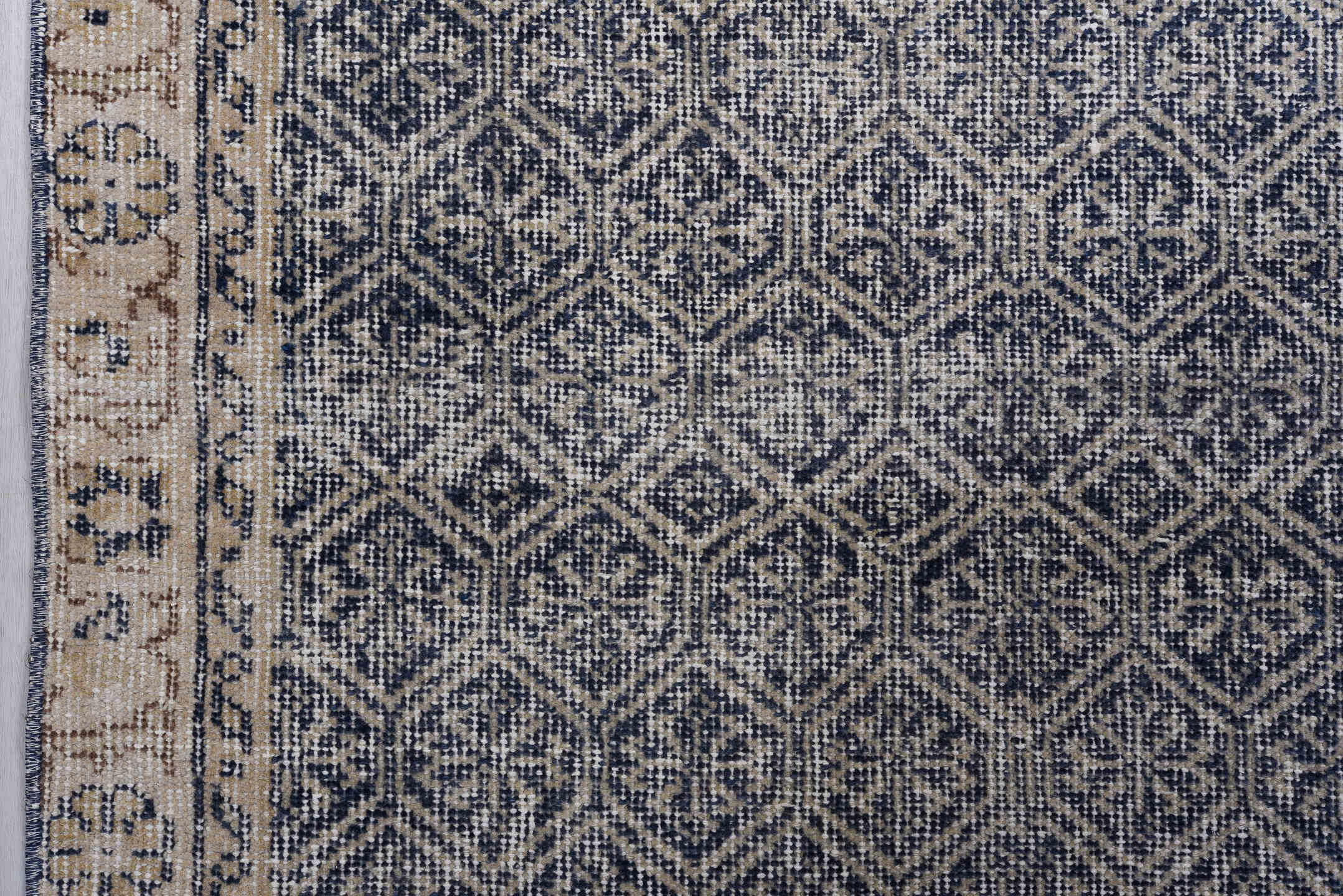2' x 10' one-of-a-kind handmade antique Sparta runner rug. Color palette: indigo, ivory, slate, taupe, purple, gray, beige