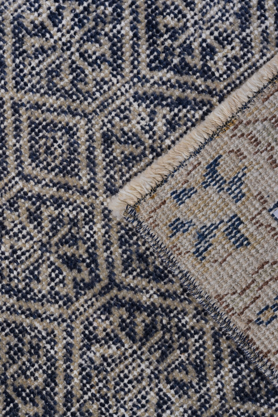 2' x 10' one-of-a-kind handmade antique Sparta runner rug. Color palette: indigo, ivory, slate, taupe, purple, gray, beige