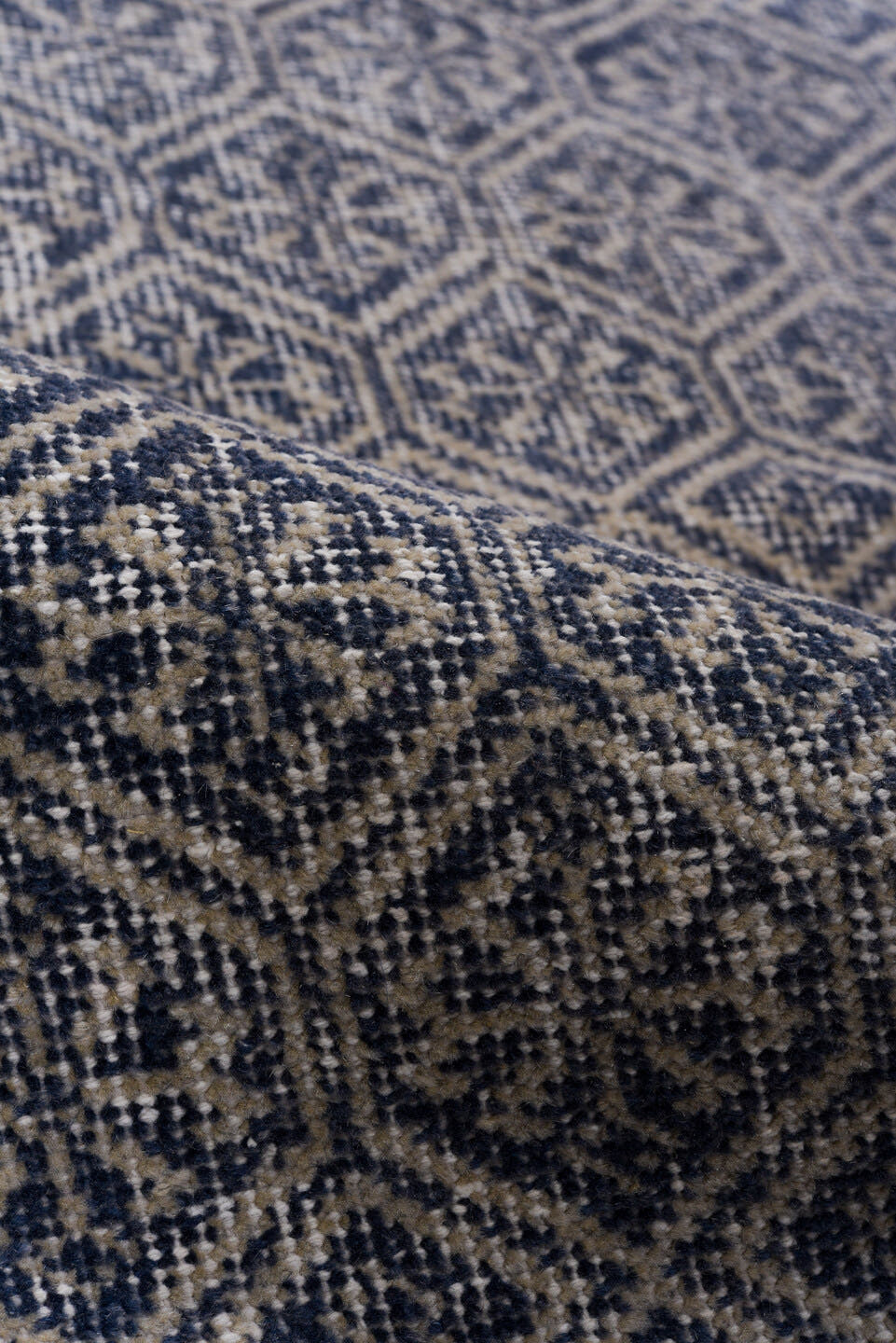 2' x 10' one-of-a-kind handmade antique Sparta runner rug. Color palette: indigo, ivory, slate, taupe, purple, gray, beige